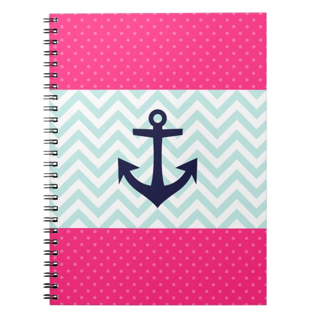 Nautical Pink White Mint Chevron Anchor Pattern Spiral Notebook (Front)