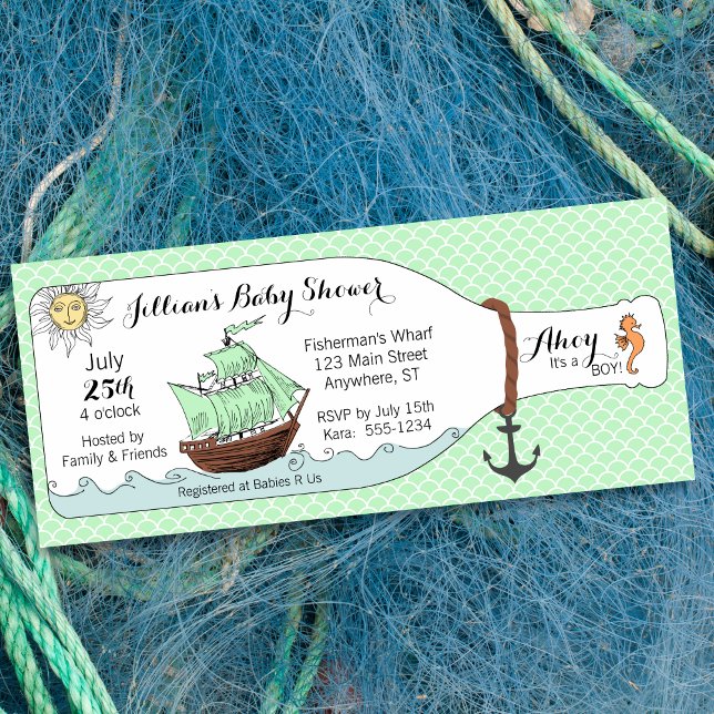 Nautical Pirate Ship in Bottle Baby Shower Invitation (Shown on a 4" x 9.25" card)
