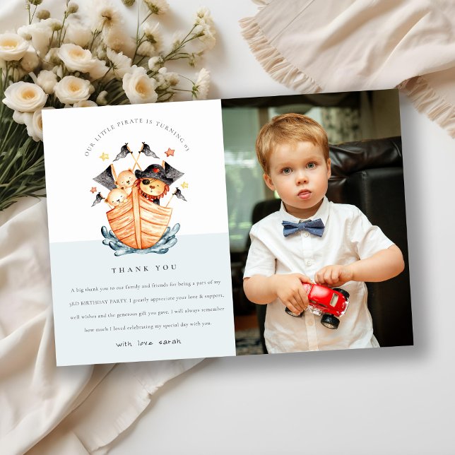 Nautical Pirate Ship Lion Cub Kids Photo Birthday Thank You Card (Creator Uploaded)