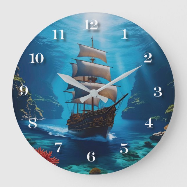 Nautical Pirate Ship Wall Clock – Underwater Ocean (Front)