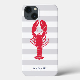 Nautical Preppy Grey Stripe & Lobster   Monogram iPhone 13 Case