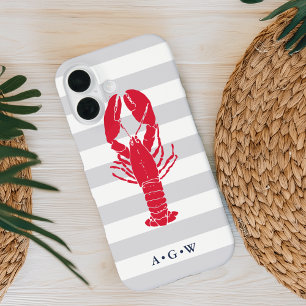 Nautical Preppy Grey Stripe & Lobster   Monogram iPhone 16 Case