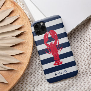 Nautical Preppy Navy Stripe & Lobster   Monogram iPhone 16 Case