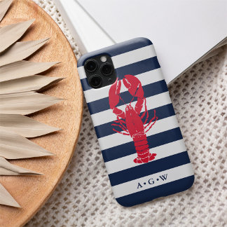 Nautical Preppy Navy Stripe & Lobster | Monogram iPhone 16 Case