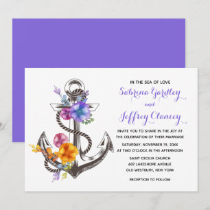 Nautical Purple Wedding Floral Anchor Beach Summer Invitation