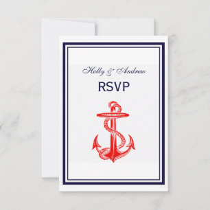 Nautical Red Anchor Navy Blue Framed 2V RSVP Card