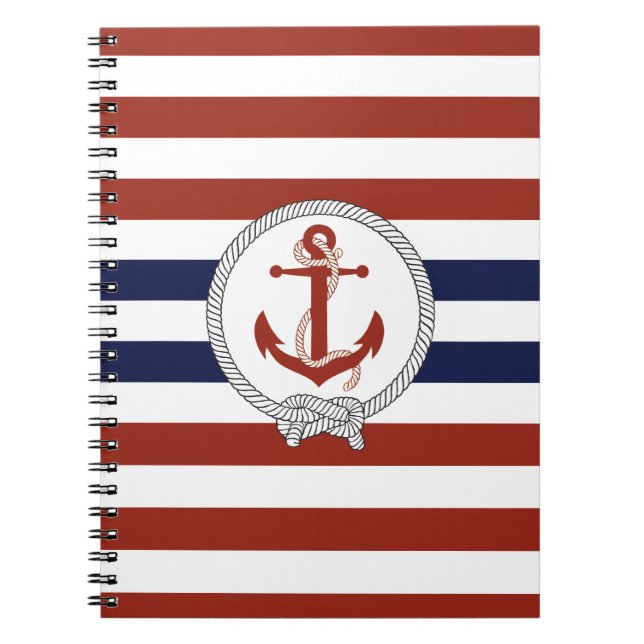 Nautical red anchor/Navy knot/blue/white stripe Notebook (Front)