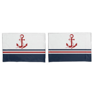 Nautical Red Anchor Red White Blau Stripes Pillowcase