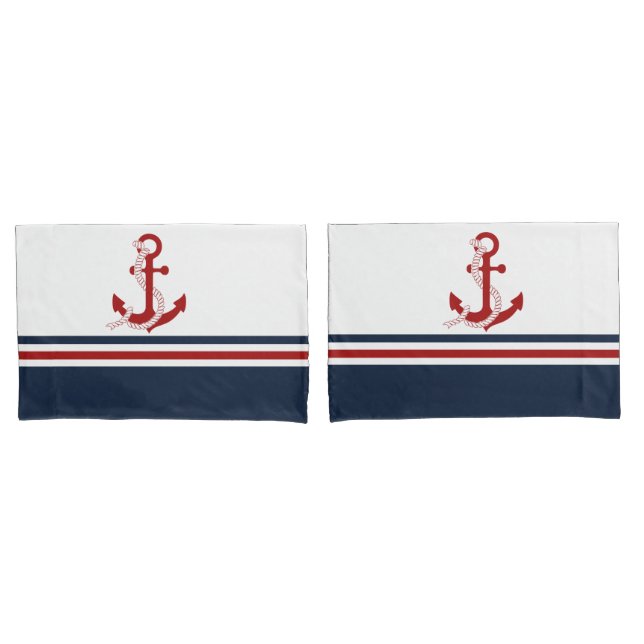 Nautical Red Anchor Red White Blau Stripes Pillowcase (Front-Set)