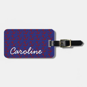 Nautical Red Anchors on Blue Personalised Luggage Tag
