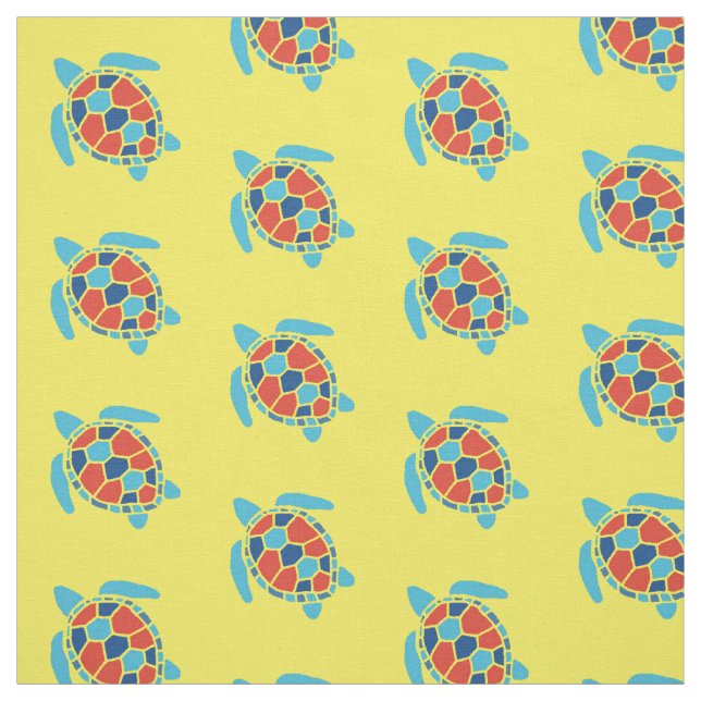 Nautical Red and Blue Sea Turtle Pattern on Yellow Fabric (Swatch)