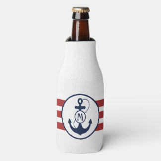 Nautical Red and Navy Blue Anchor Monogram Bottle Cooler