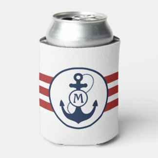 Nautical Red and Navy Blue Anchor Monogram Can Cooler