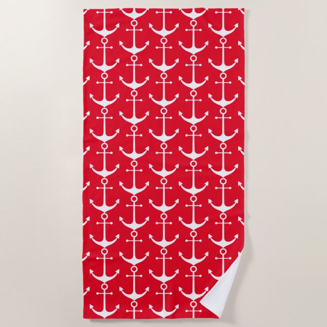 Nautical red and white anchor pattern beach towel (Front)