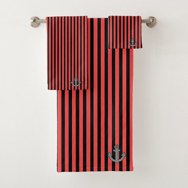 Nautical Red Black Stripe Anchor  Bath Towel Set (Insitu)
