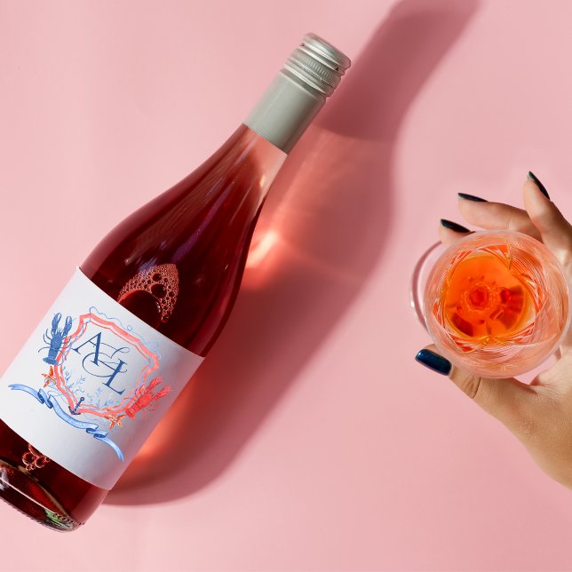 Nautical Red Blue Lobster Crest Monogram Wine Label (Creator Uploaded)