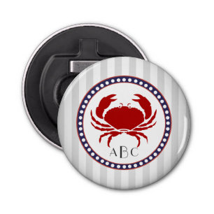 Nautical red crab and grey stripes monogram bottle opener