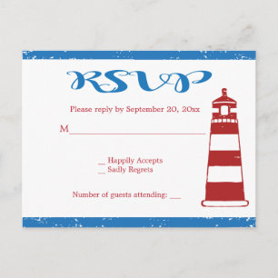 Nautical Red Lighthouse Blue RSVP Wedding / Party Invitation Postcard