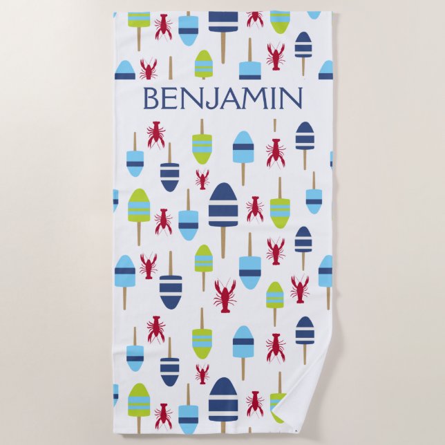 Nautical Red Lobster Buoy Beach House Personalised Towel (Front)