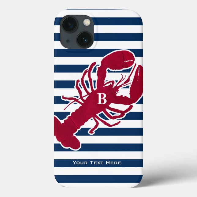 Nautical Red Lobster Monogram Blue White Stripe Case-Mate iPhone Case (Back)