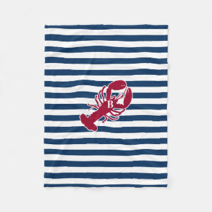 Nautical Red Lobster Monogram Blue White Stripe Fleece Blanket