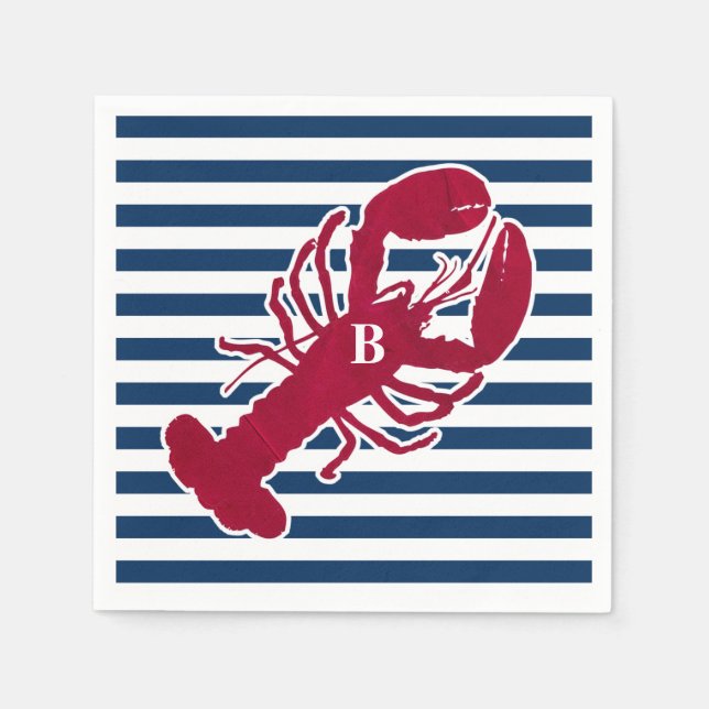 Nautical Red Lobster Monogram Blue White Stripe Napkin (Front)