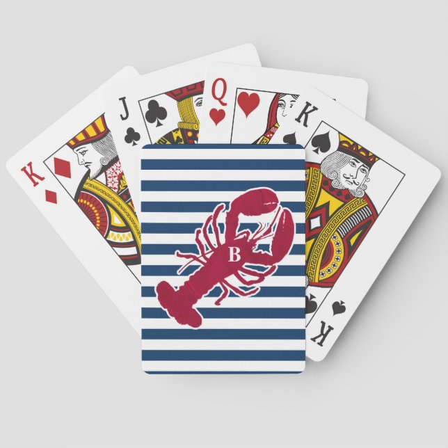 Nautical Red Lobster Monogram Blue White Stripe Playing Cards (Back)