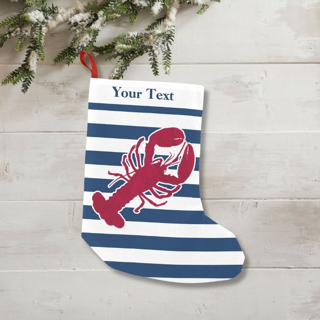 Nautical Red Lobster Monogram Blue White Stripe Small Christmas Stocking (Creator Uploaded)