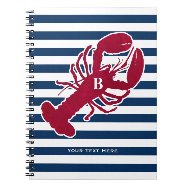Nautical Red Lobster Monogram Blue White Stripe Spiral Notebook (Front)