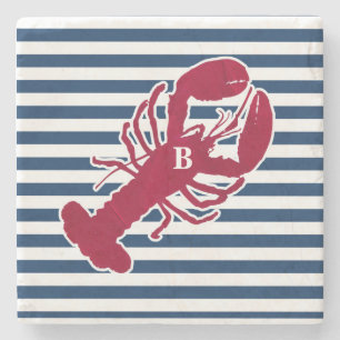 Nautical Red Lobster Monogram Blue White Stripe Stone Coaster