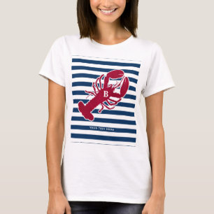 Nautical Red Lobster Monogram Blue White Stripe T-Shirt