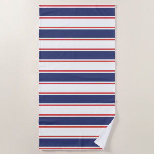 Nautical Red & Navy Blue Stripes Beach Towel