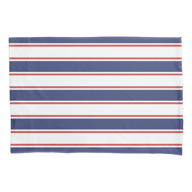 Nautical Red & Navy Blue Stripes Pillowcase (Front-Left)