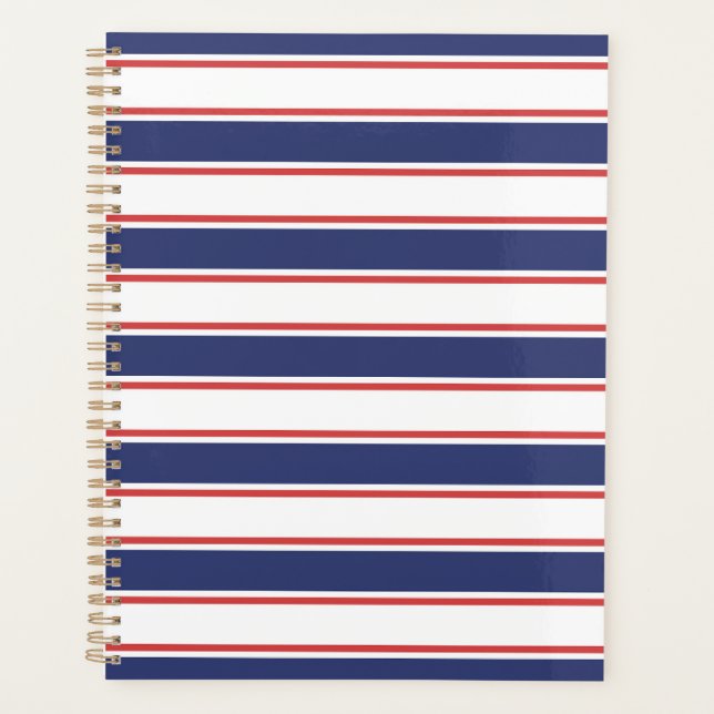 Nautical Red & Navy Blue Stripes Planner (Front)