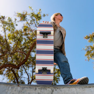 Nautical Red & Navy Blue Stripes Skateboard