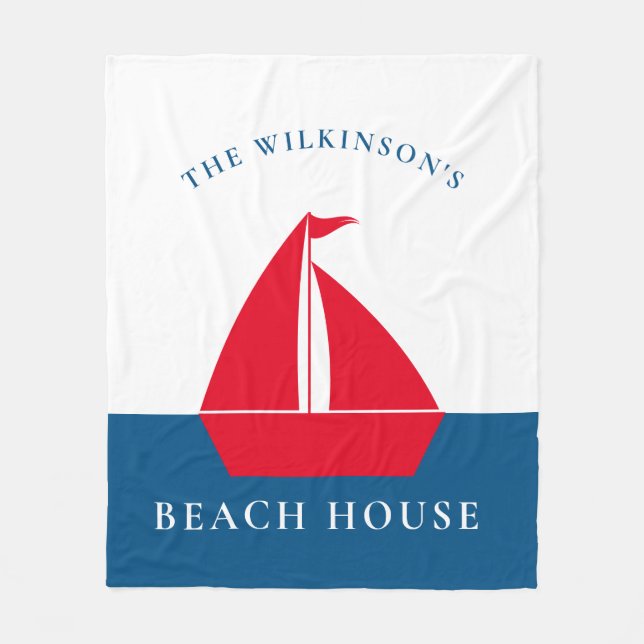 Nautical Red Sailboat Beach House Name  Fleece Blanket (Front)