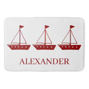 Nautical Red Sailboat on White Personalized Bath Mat