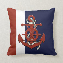 Nautical red ship's wheel/anchor navy blue throw p