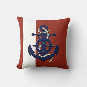 Nautical red ship's wheel/anchor navy blue throw p cushion