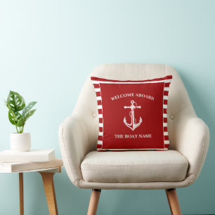 Nautical Red Welcome Aboard Boat Name Anchor Cushion