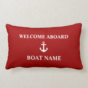 Nautical Red Welcome Aboard Boat Name Lumbar Cushion
