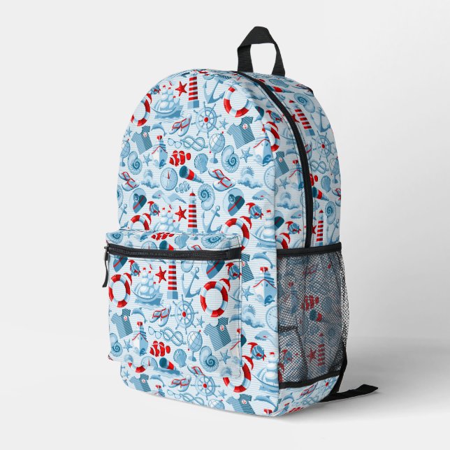 Nautical Red White And Blue Pattern Printed Backpack (Back Corner Right)