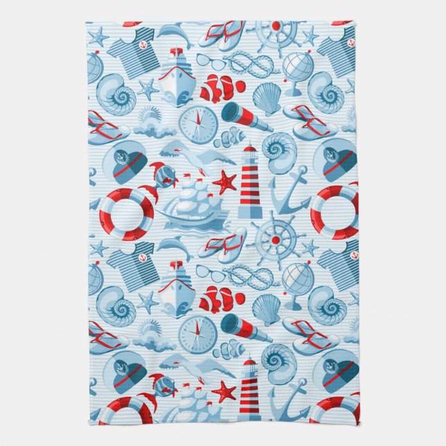 Nautical Red White And Blue Pattern Tea Towel (Vertical)