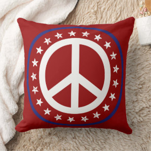 Nautical Red White and Blue Peace Sign and Stars Cushion