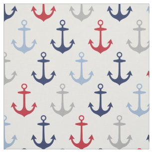 Nautical Red White and Navy Blue Anchors Pattern Fabric