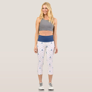 Nautical Red White Blue Anchor Pattern Capri Leggings