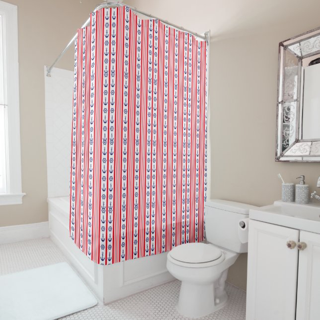 Nautical Red White Blue Anchors Ships Wheels Boat Shower Curtain (In Situ)