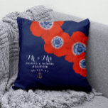 Nautical Red White & Blue Anemones Dated Keepsake Cushion<br><div class="desc">Nautical Boutique Co.'s bold red,  white,  and blue pillow features watercolor red anemones set on a navy blue background. "Mr. & Mrs." is in modern script typography and that's paired with traditional block lettering.  The design is accented with a matching watercolor anchor.  #Nautical #CoastalWedding #Anemones</div>