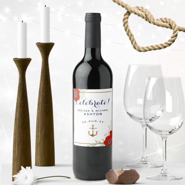 Nautical Red, White, & Blue Anemones Dated Wedding Wine Label (Personalized Nautical Wedding Wine Labels with Red Watercolor Anemone)