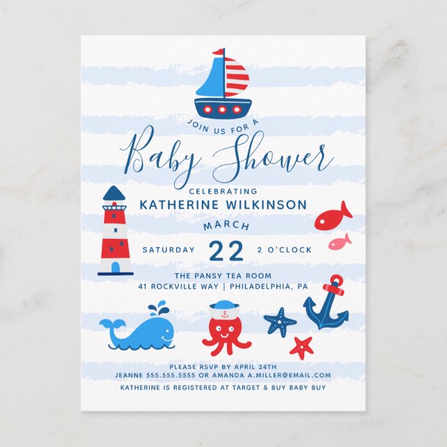 Nautical Red, White & Blue Baby Shower Postcard (Front)